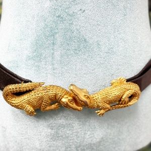 Vintage 1980 double alligator gold buckle with leather belt